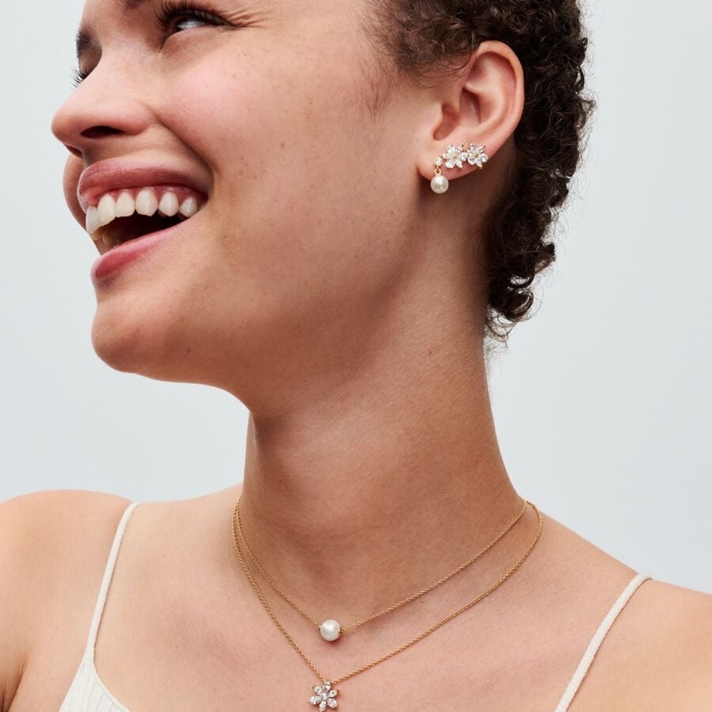 Pandora Treated Freshwater Cultured Pearl & Stone Drop 14k Gold Earrings NEW - Picture 3 of 7